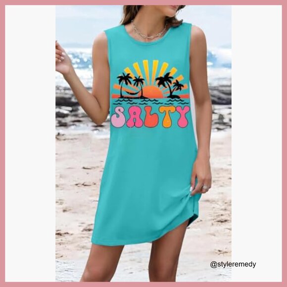 Cotton Blend Sleeveless Graphic Tank Dress Casual Summer Beach - Picture 5 of 7